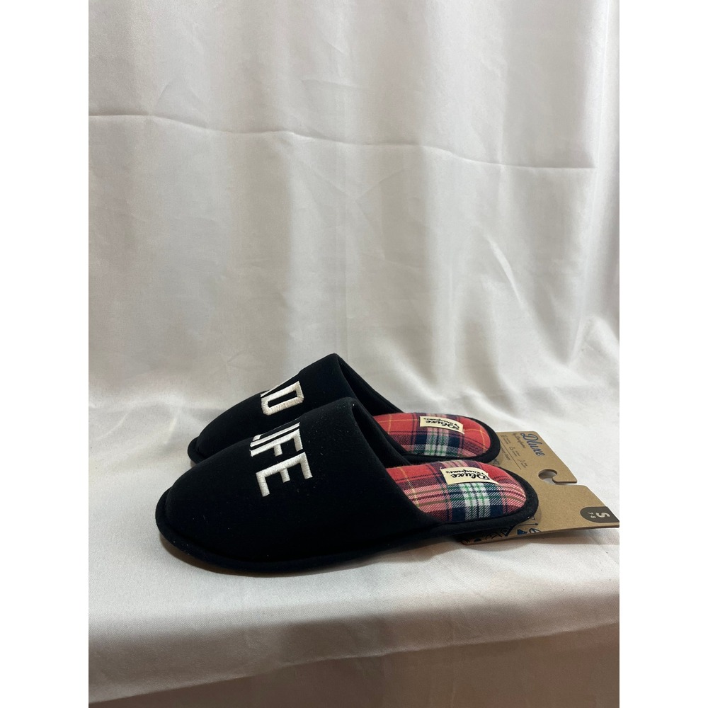 Dluxe by Dearfoams Mens Dad Life Scuff Slippers Black Plaid Memory Foam S 7-8
